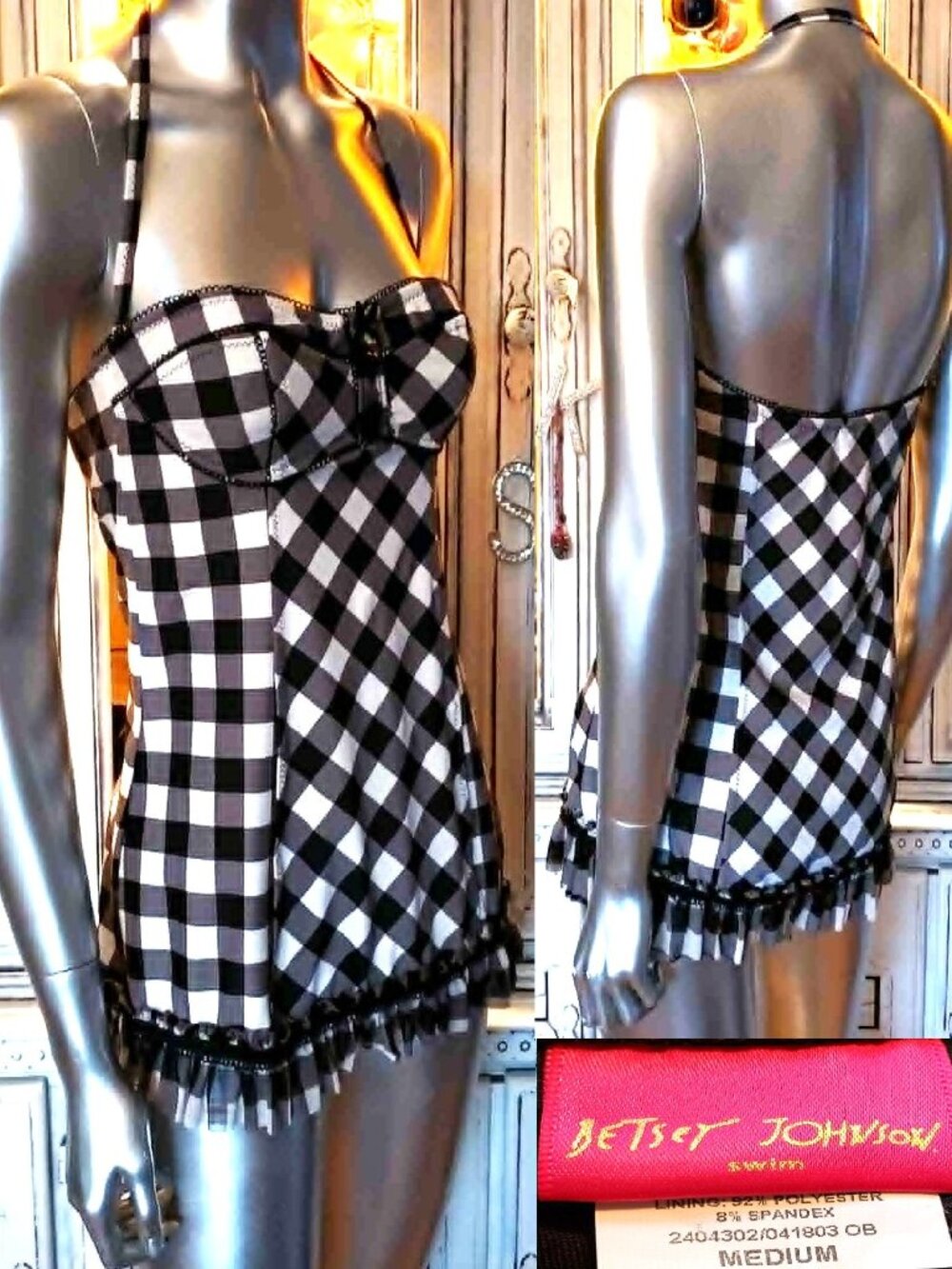 Vintage Betsey Johnson Y2K Gingham Plaid Tankini Dress & Bikini Bottoms Swimsuit